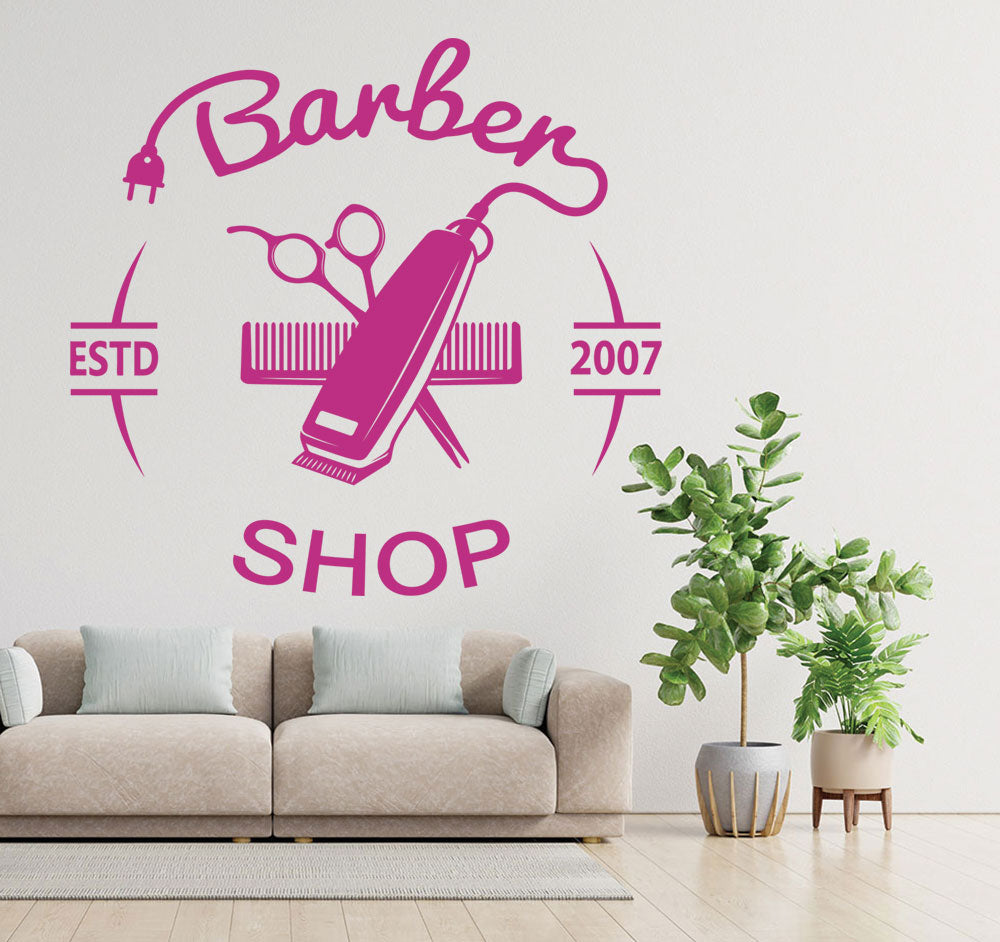 Personalised Barber Shop Wall Sticker – Custom Year Clippers Comb Scissors Decal