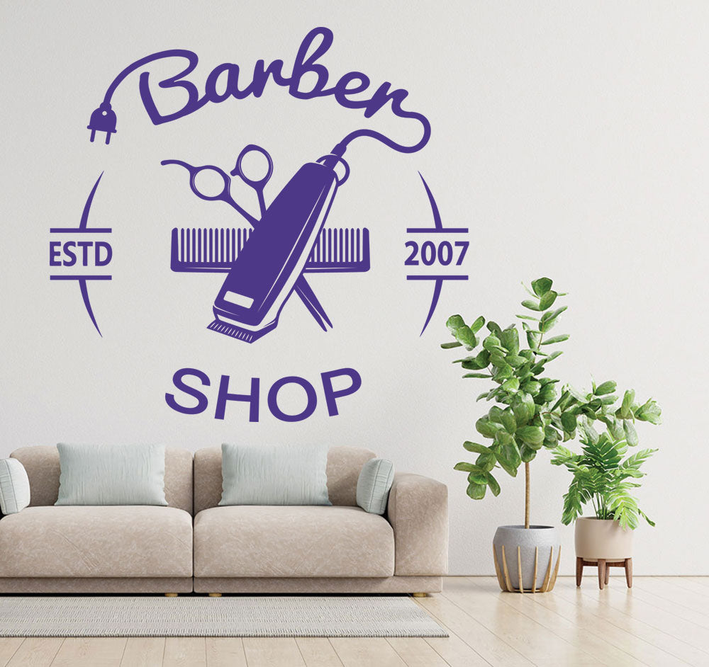 Personalised Barber Shop Wall Sticker – Custom Year Clippers Comb Scissors Decal