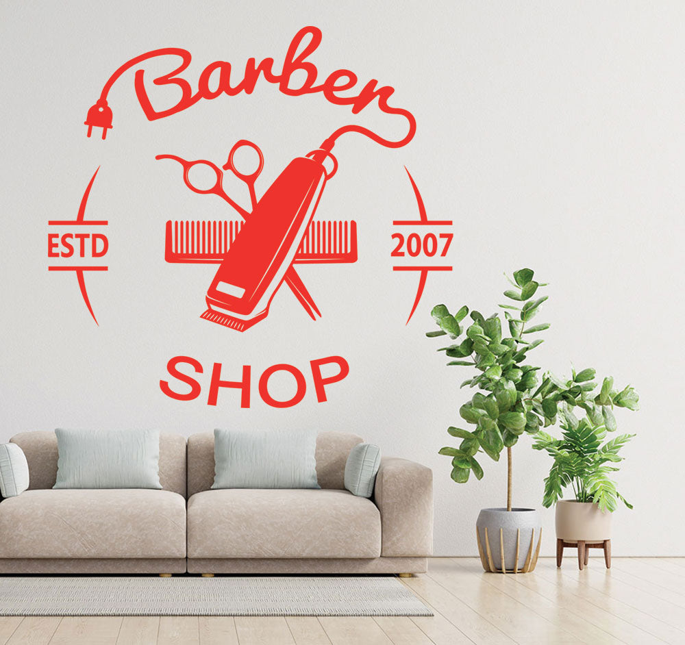 Personalised Barber Shop Wall Sticker – Custom Year Clippers Comb Scissors Decal