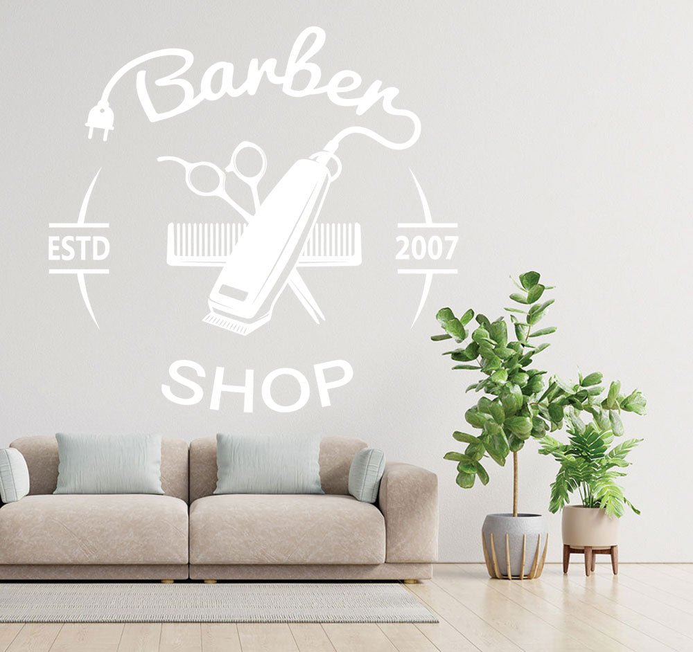Personalised Barber Shop Wall Sticker – Custom Year Clippers Comb Scissors Decal