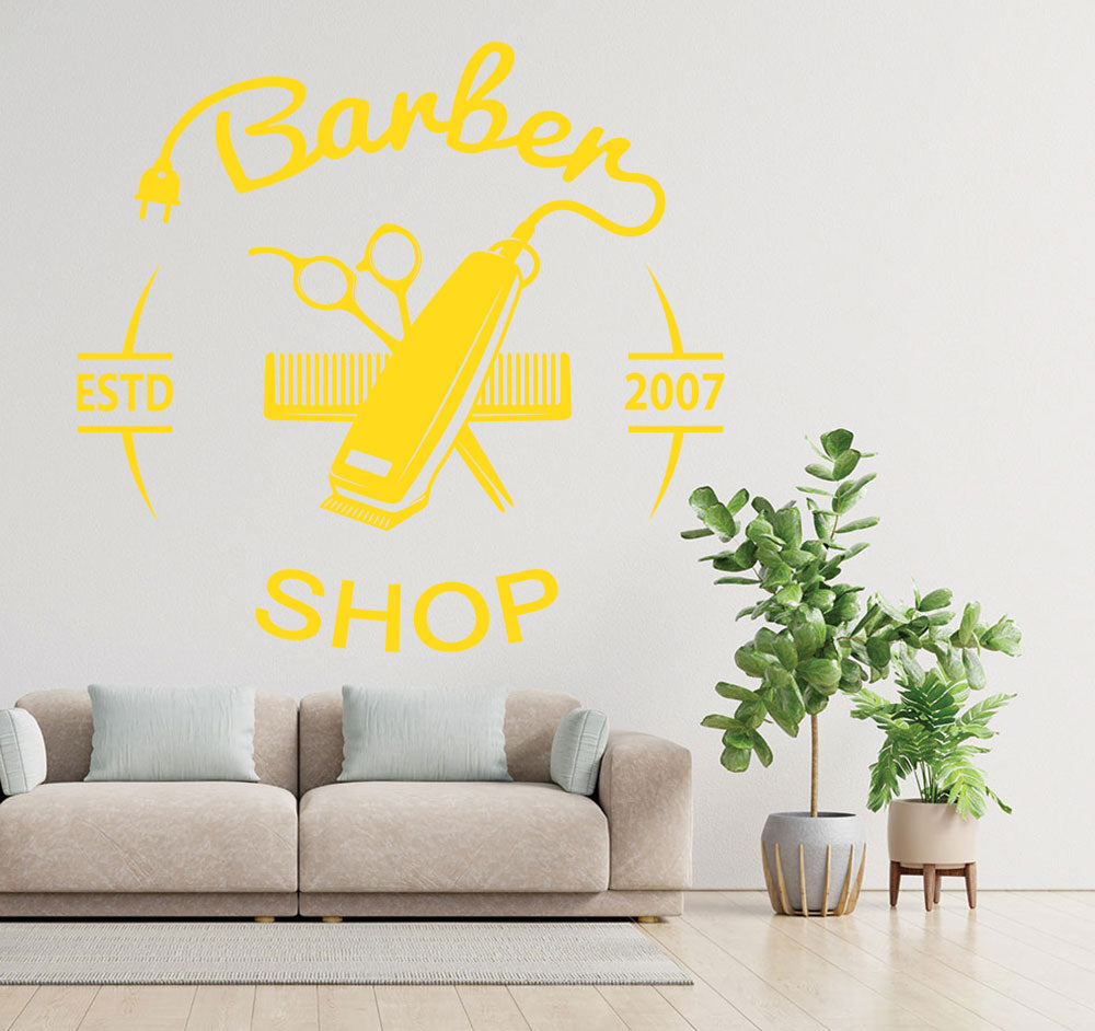 Personalised Barber Shop Wall Sticker – Custom Year Clippers Comb Scissors Decal