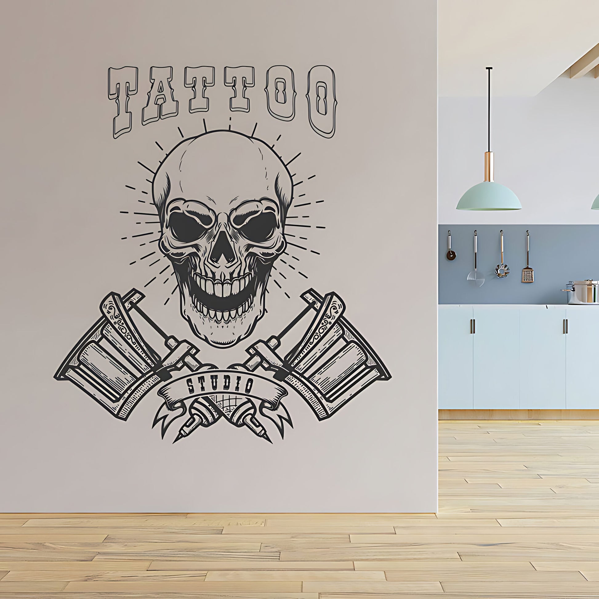 Modern Tattoo Parlour Wall Decal with Skull and Graphic Quote