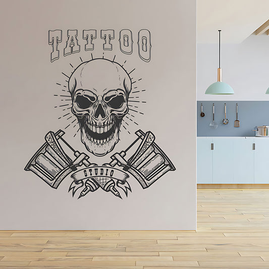 Modern Tattoo Parlour Wall Decal with Skull and Graphic Quote