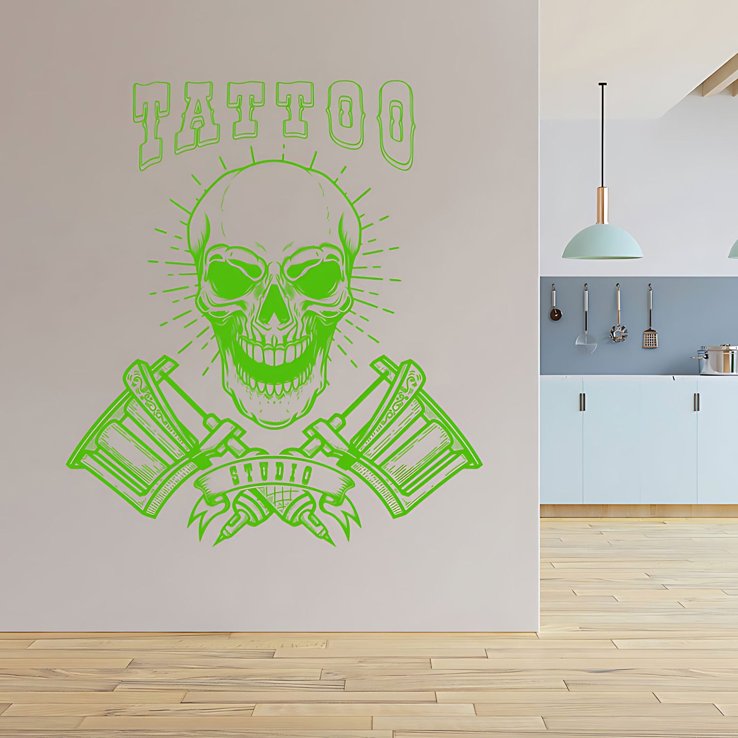 Modern Tattoo Parlour Wall Decal with Skull and Graphic Quote