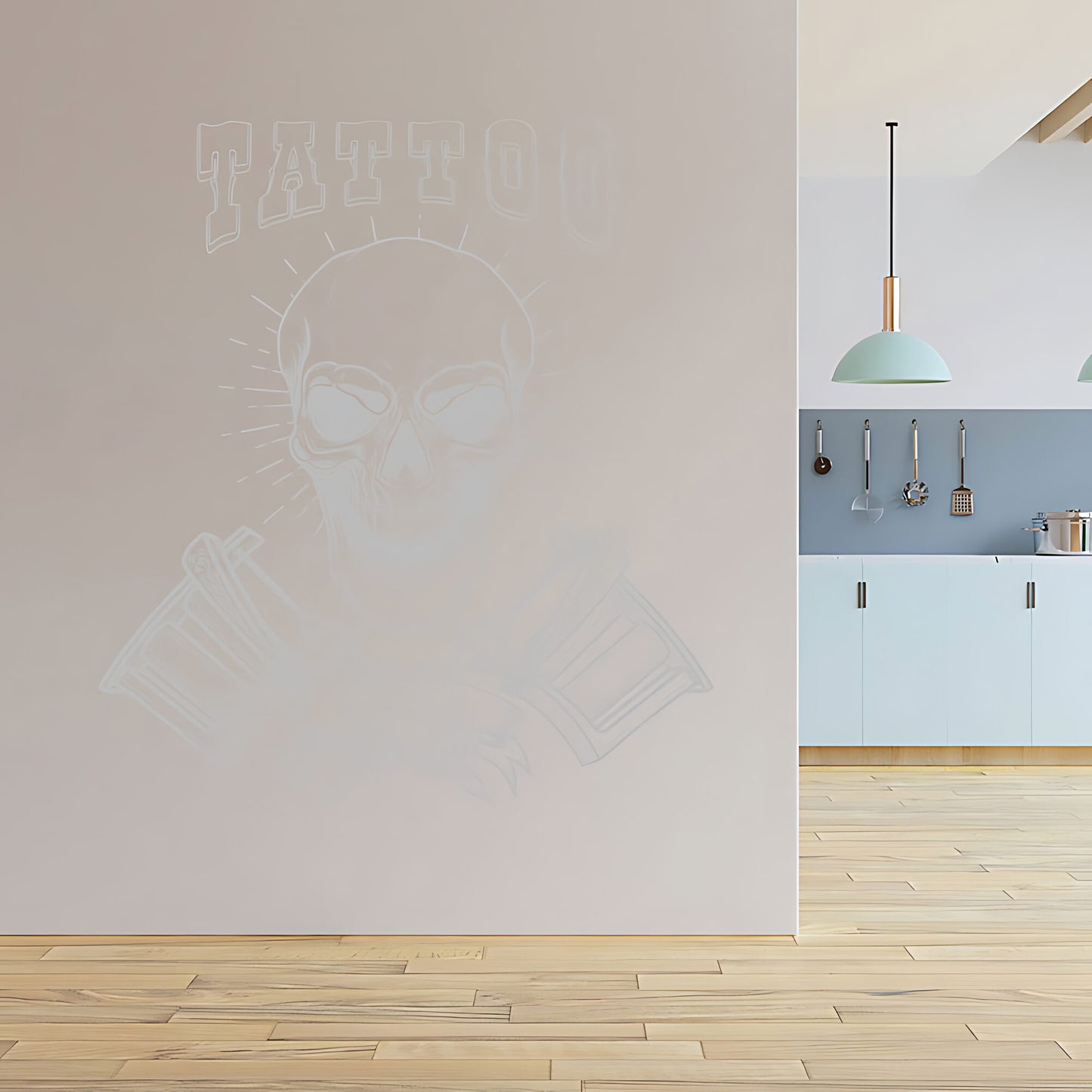 Modern Tattoo Parlour Wall Decal with Skull and Graphic Quote