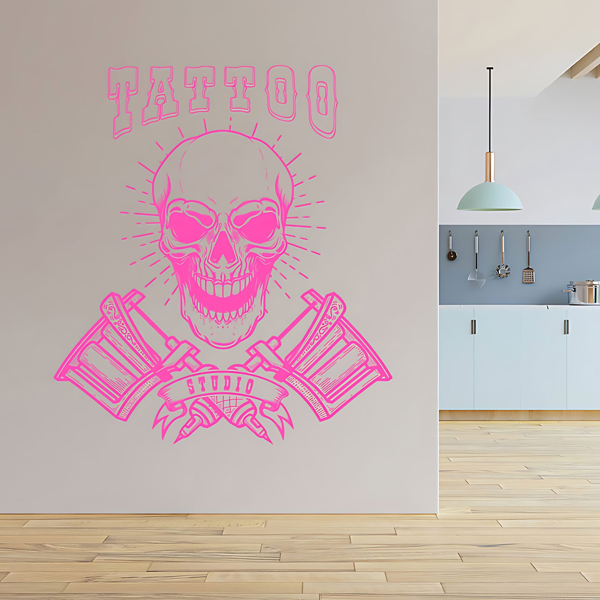Modern Tattoo Parlour Wall Decal with Skull and Graphic Quote