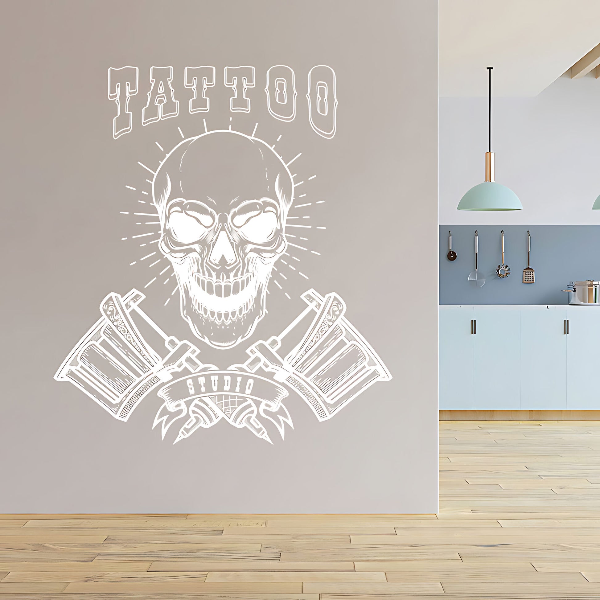 Modern Tattoo Parlour Wall Decal with Skull and Graphic Quote