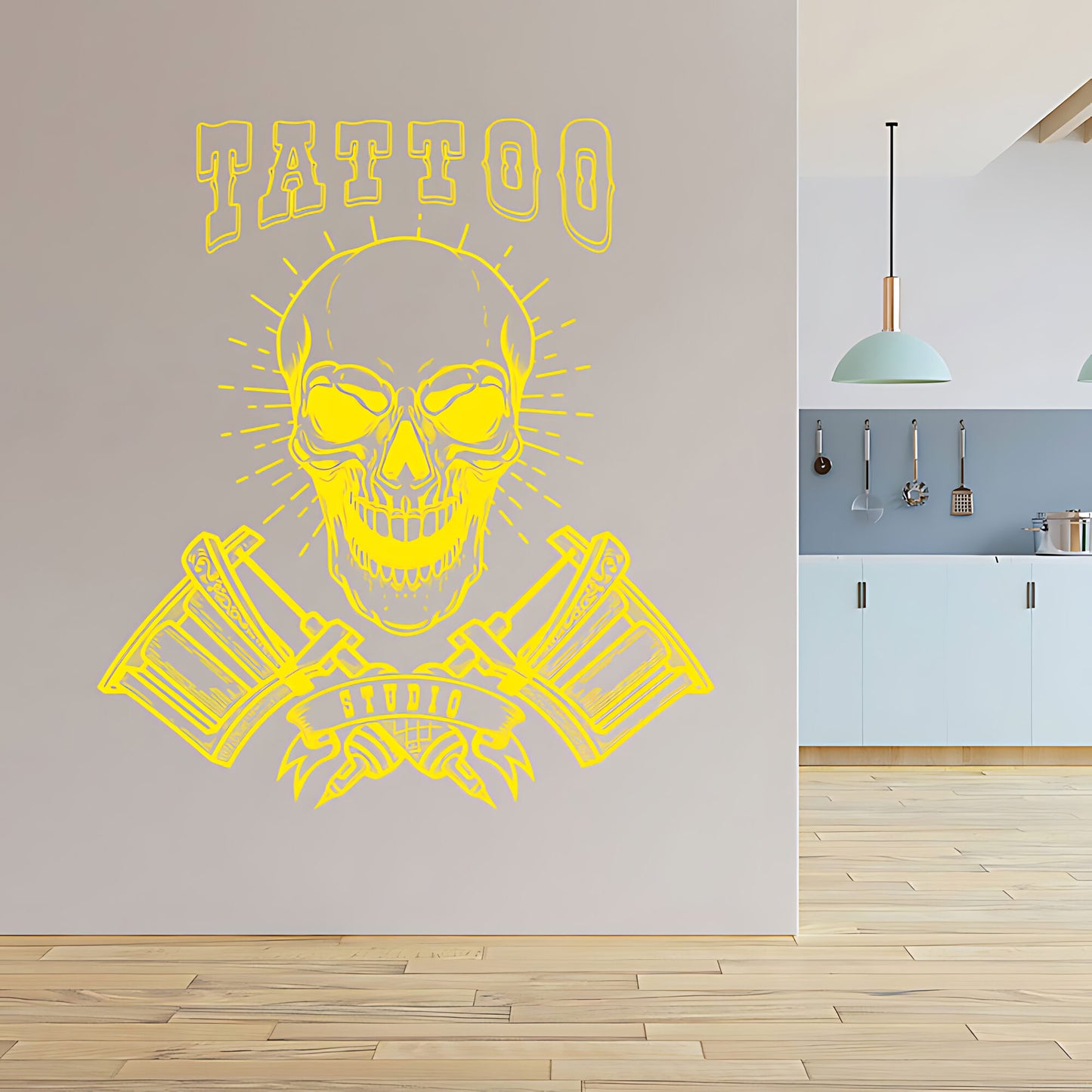 Modern Tattoo Parlour Wall Decal with Skull and Graphic Quote