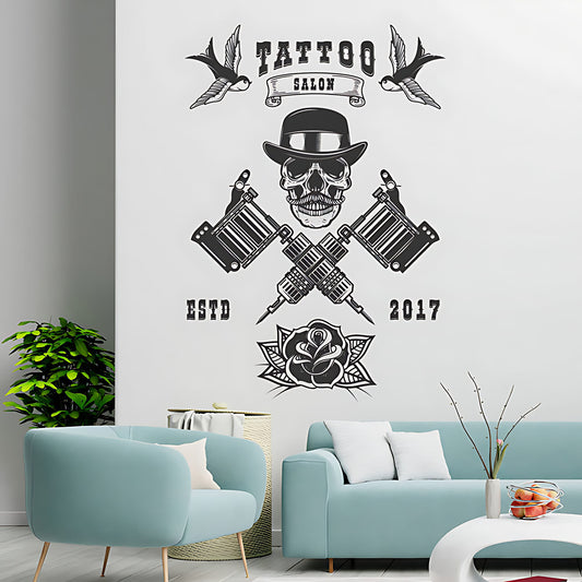 Edgy Tattoo Parlour Wall Sticker with Skull and Quote Design
