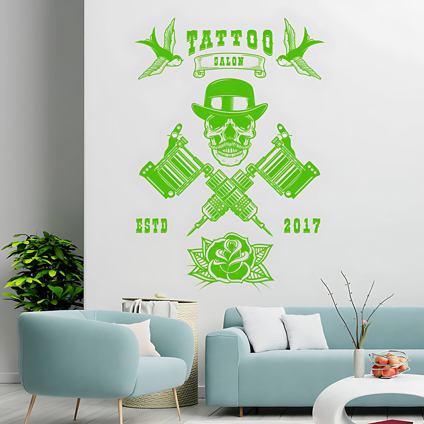 Edgy Tattoo Parlour Wall Sticker with Skull and Quote Design