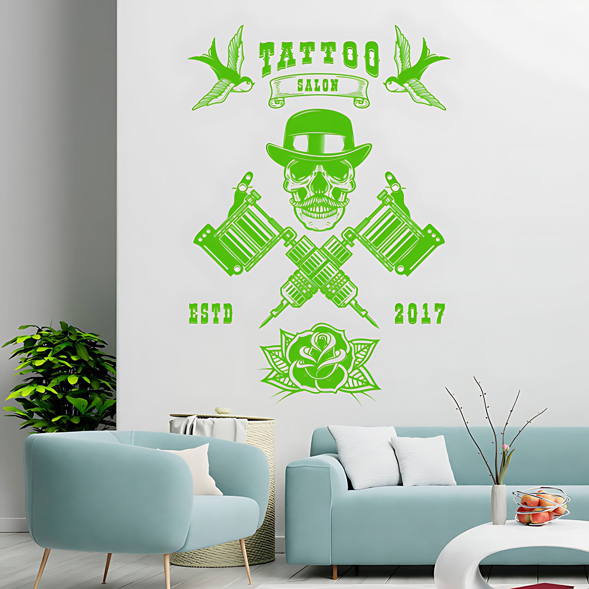 Edgy Tattoo Parlour Wall Sticker with Skull and Quote Design