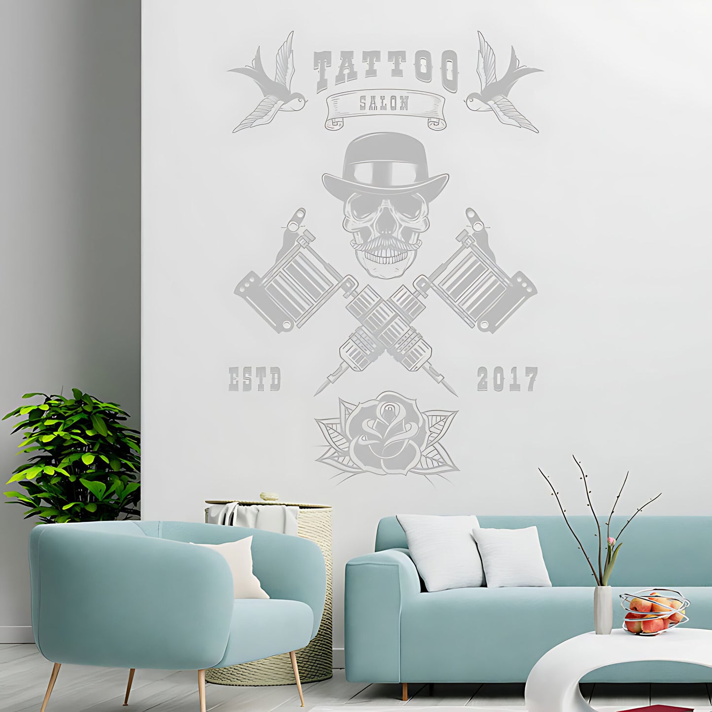 Edgy Tattoo Parlour Wall Sticker with Skull and Quote Design
