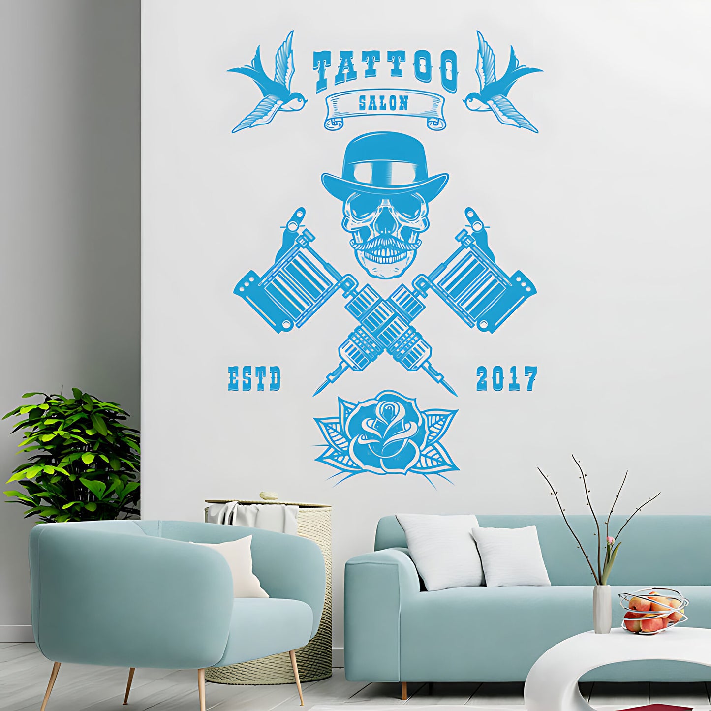 Edgy Tattoo Parlour Wall Sticker with Skull and Quote Design