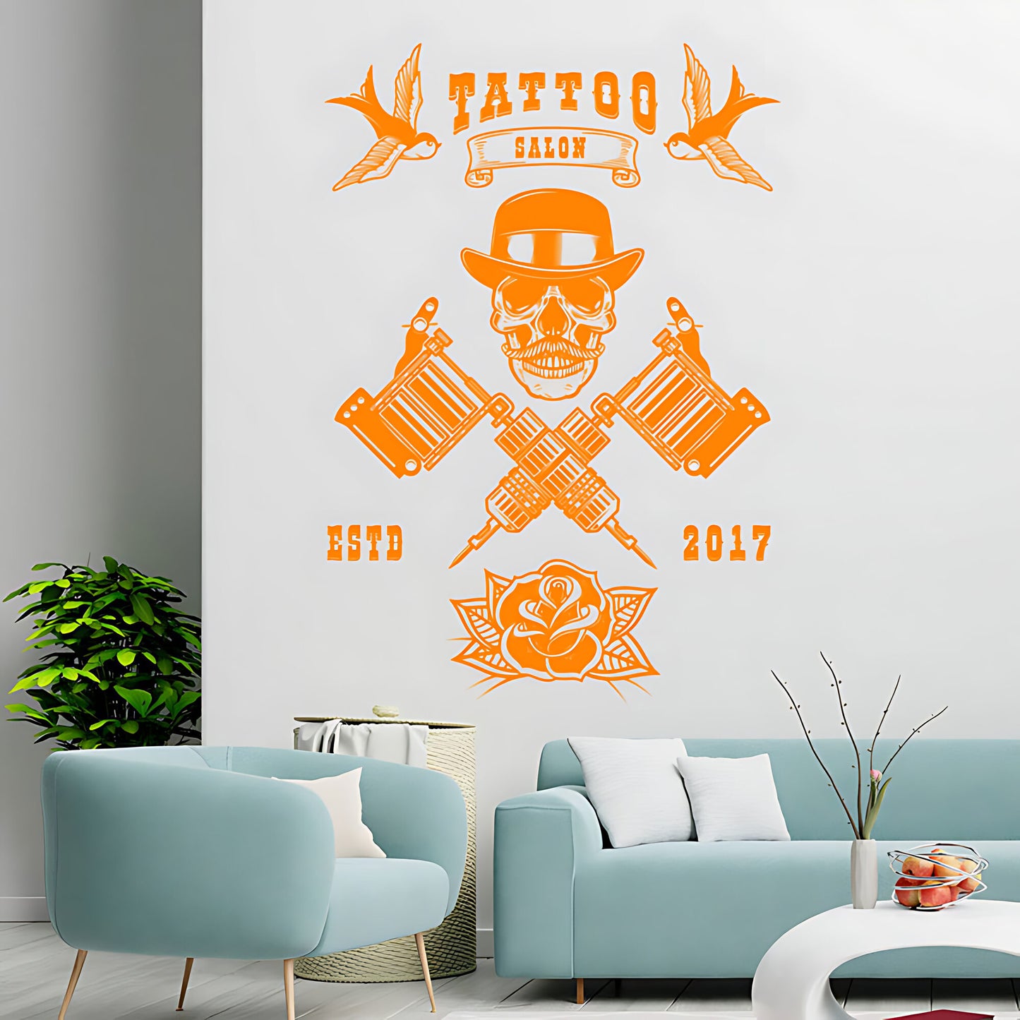 Edgy Tattoo Parlour Wall Sticker with Skull and Quote Design