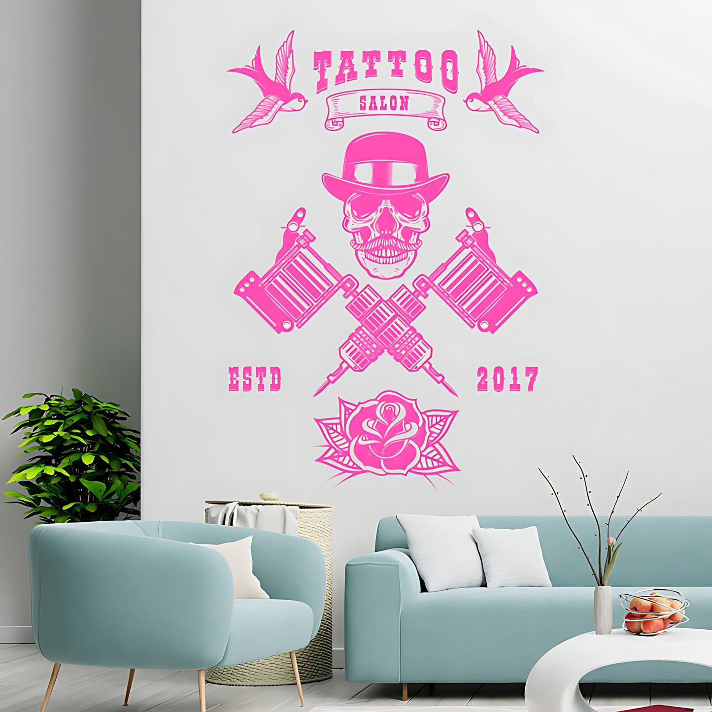Edgy Tattoo Parlour Wall Sticker with Skull and Quote Design