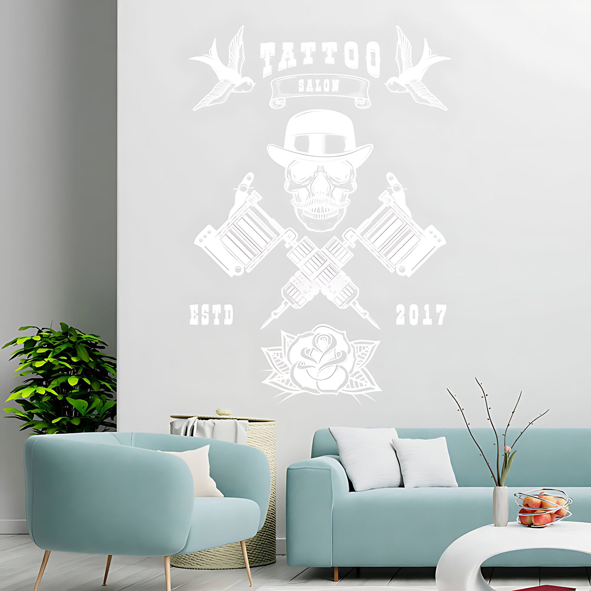Edgy Tattoo Parlour Wall Sticker with Skull and Quote Design