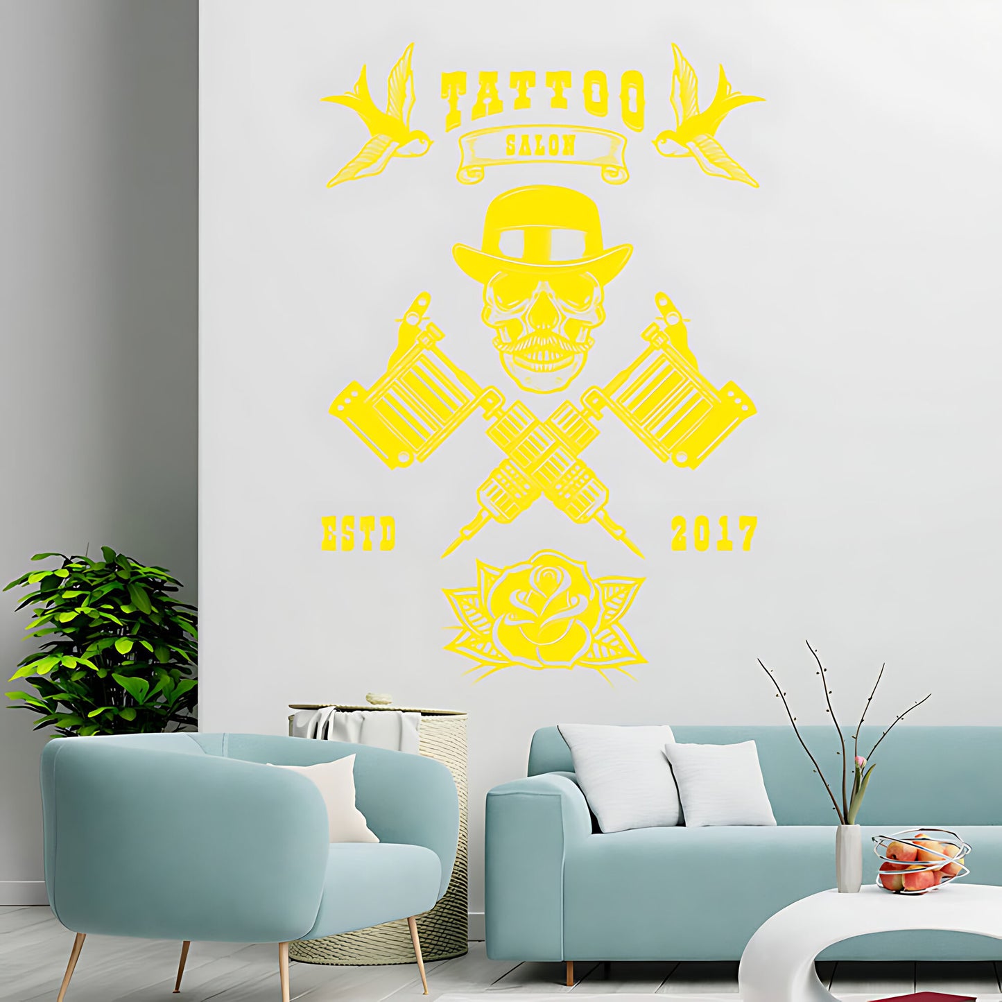 Edgy Tattoo Parlour Wall Sticker with Skull and Quote Design