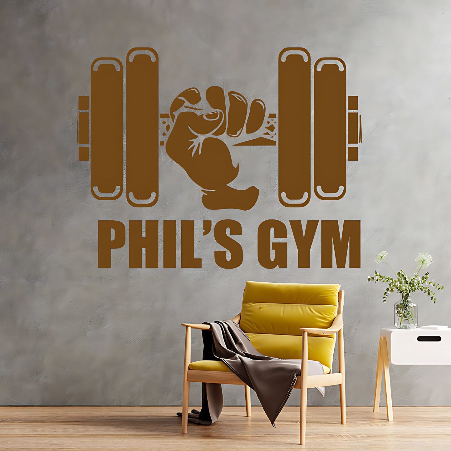 Personalised Gym Wall Sticker – Custom Name Dumbbell & Fist Decal
