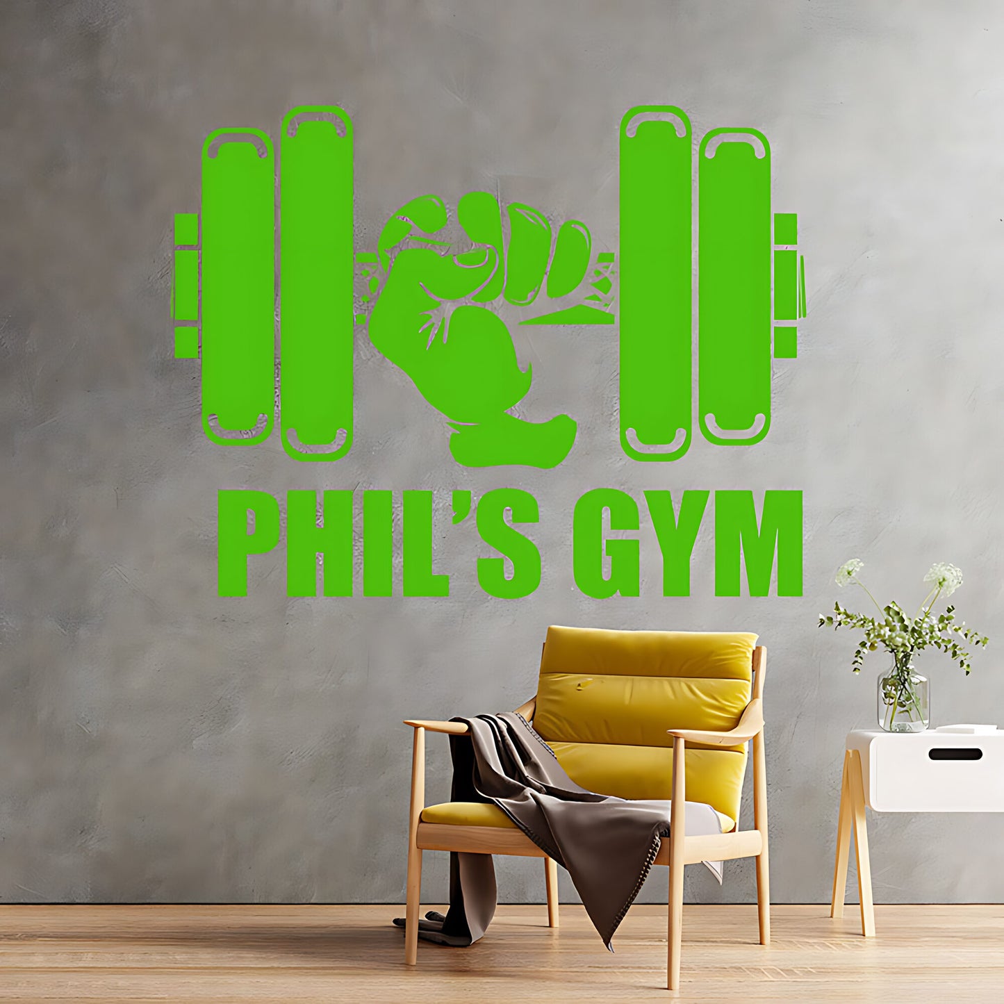 Personalised Gym Wall Sticker – Custom Name Dumbbell & Fist Decal