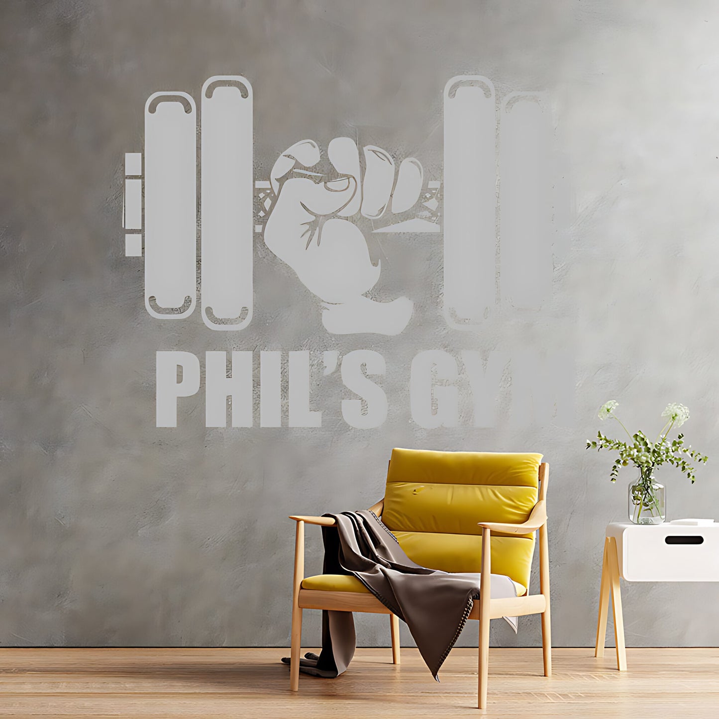 Personalised Gym Wall Sticker – Custom Name Dumbbell & Fist Decal