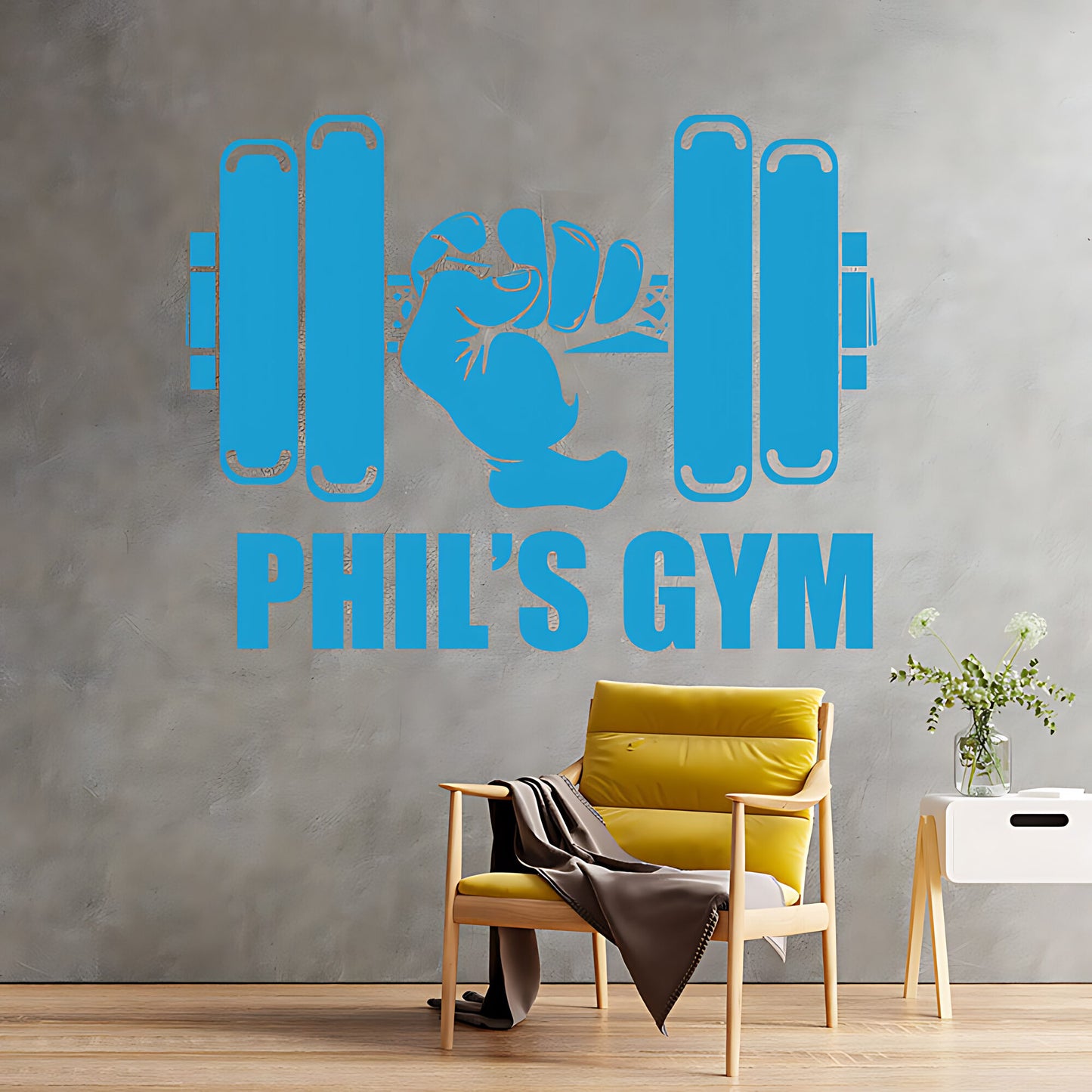 Personalised Gym Wall Sticker – Custom Name Dumbbell & Fist Decal