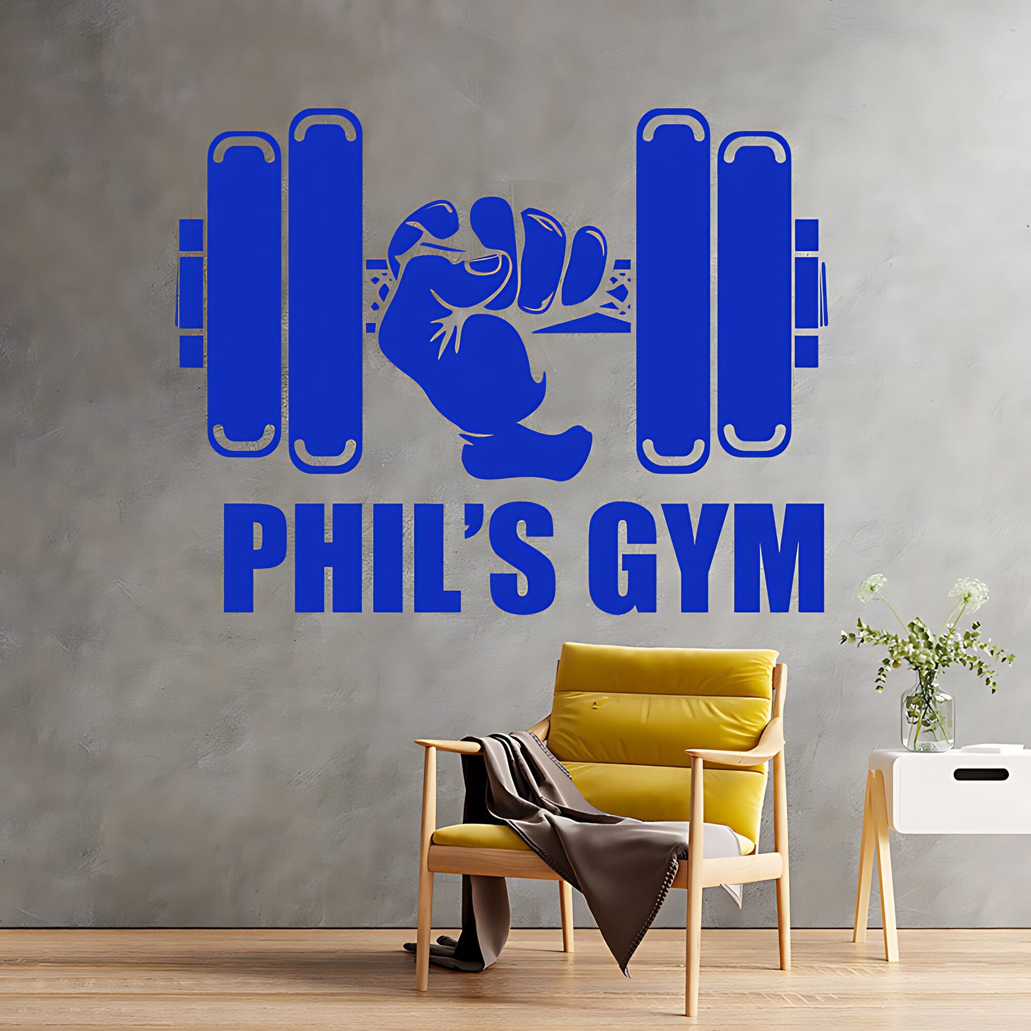 Personalised Gym Wall Sticker – Custom Name Dumbbell & Fist Decal