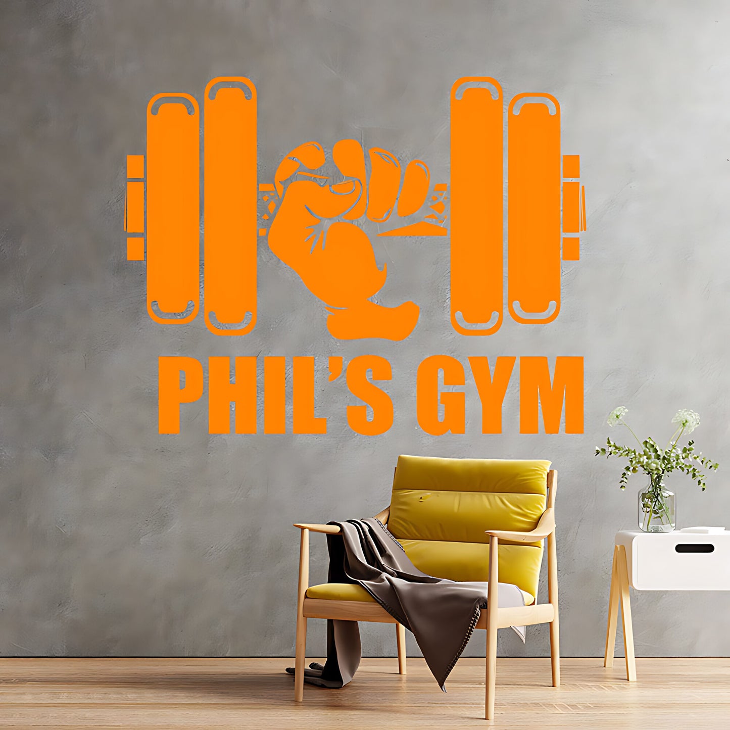 Personalised Gym Wall Sticker – Custom Name Dumbbell & Fist Decal