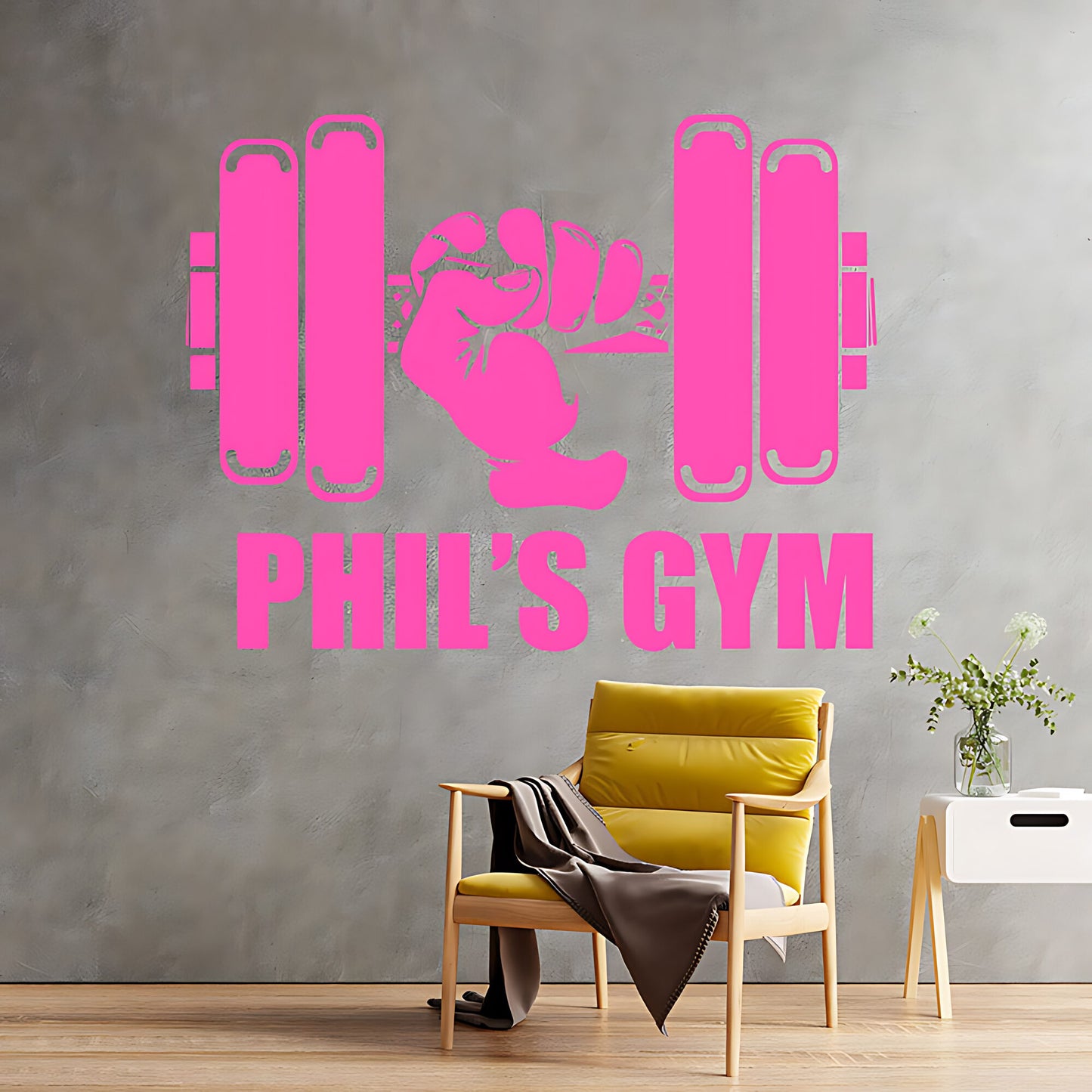 Personalised Gym Wall Sticker – Custom Name Dumbbell & Fist Decal