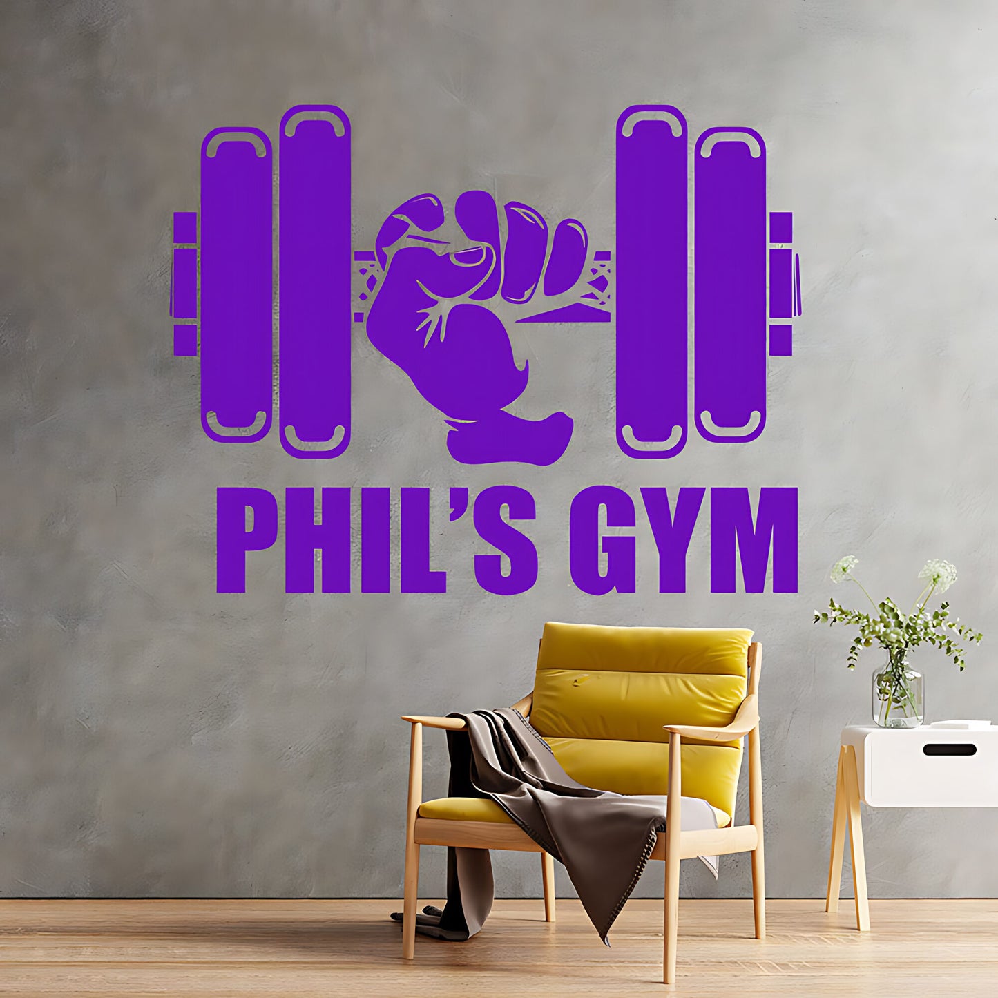 Personalised Gym Wall Sticker – Custom Name Dumbbell & Fist Decal