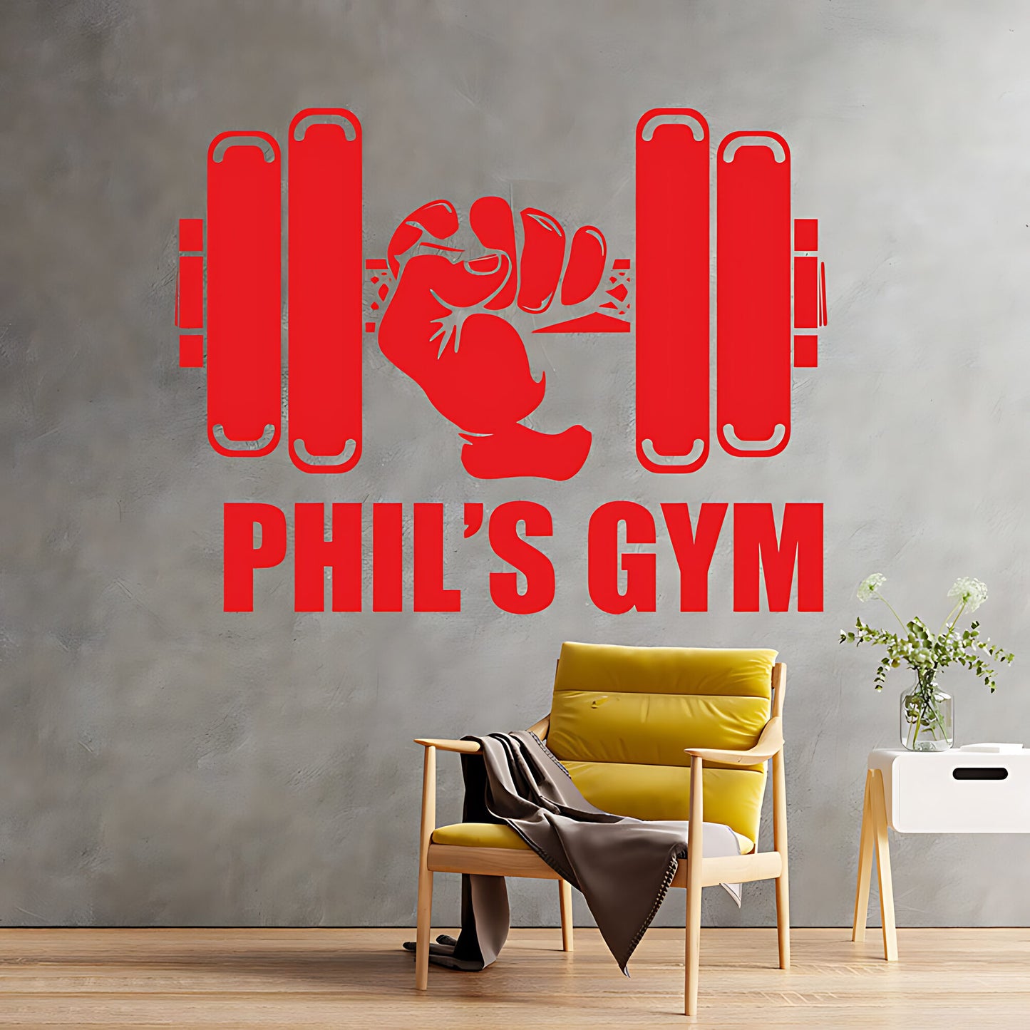 Personalised Gym Wall Sticker – Custom Name Dumbbell & Fist Decal