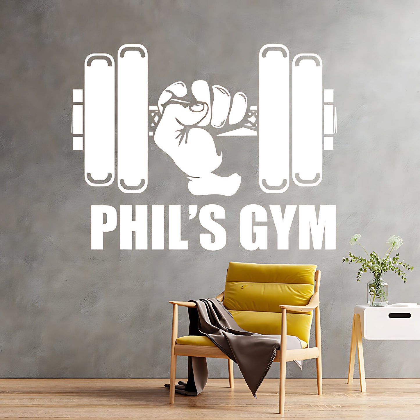 Personalised Gym Wall Sticker – Custom Name Dumbbell & Fist Decal