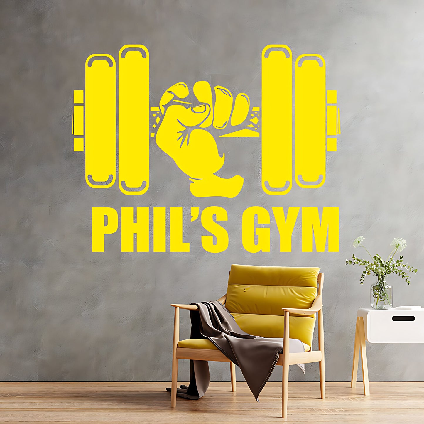 Personalised Gym Wall Sticker – Custom Name Dumbbell & Fist Decal
