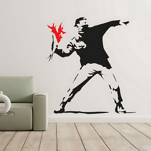 Banksy Hooligan Throwing Flowers Wall Sticker ‚Äì Riot Art Decal
