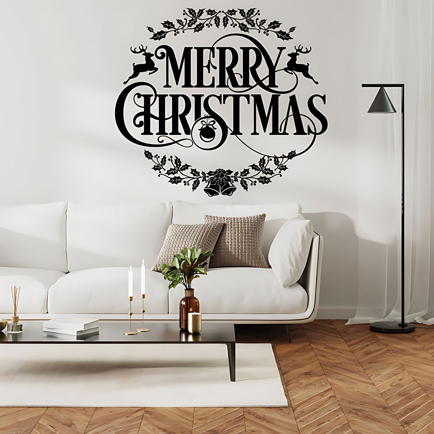 Merry Christmas Wall Sticker – Reindeer Holly Bells Festive Home Decal