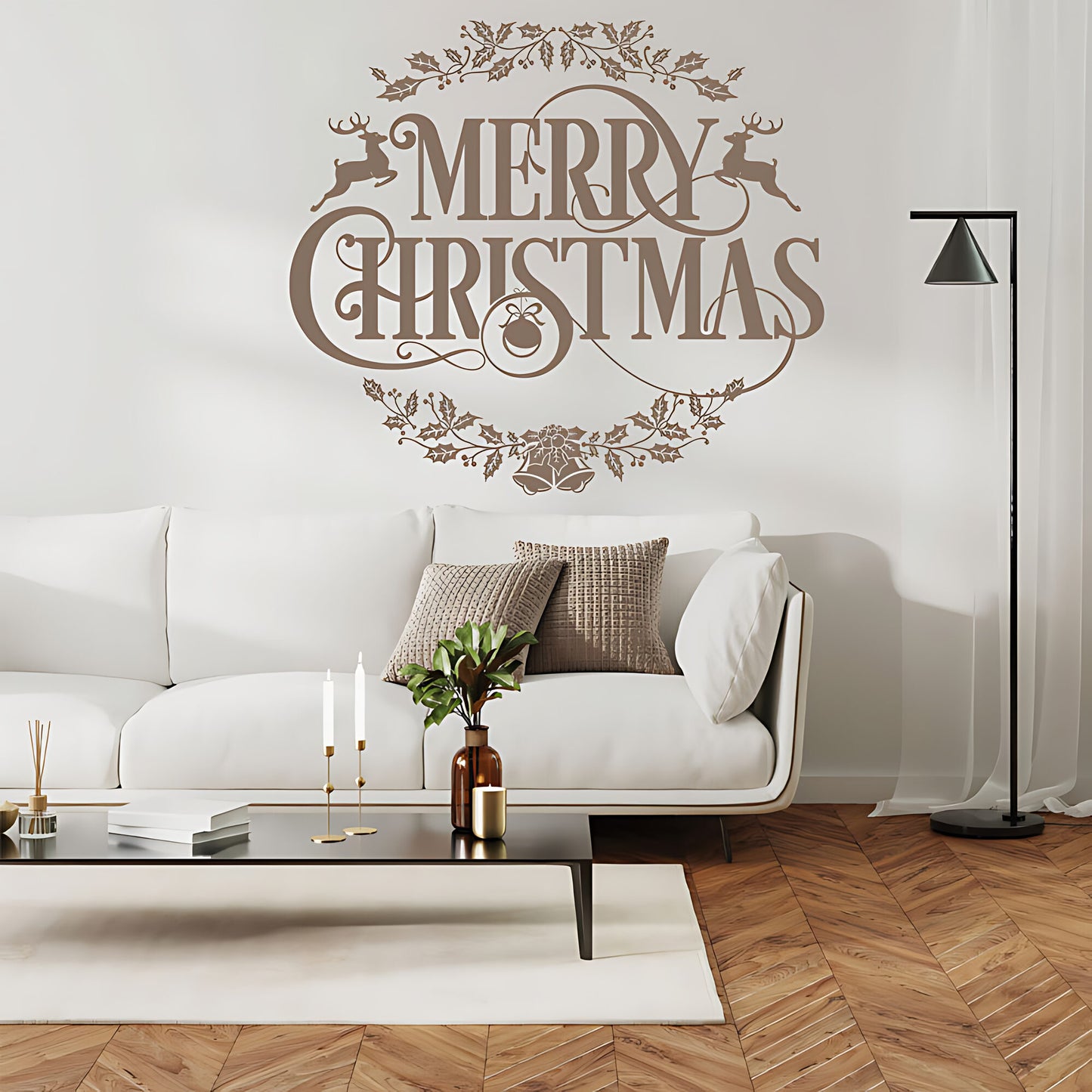 Merry Christmas Wall Sticker – Reindeer Holly Bells Festive Home Decal