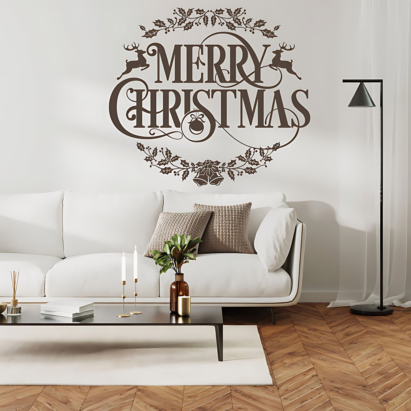 Merry Christmas Wall Sticker – Reindeer Holly Bells Festive Home Decal