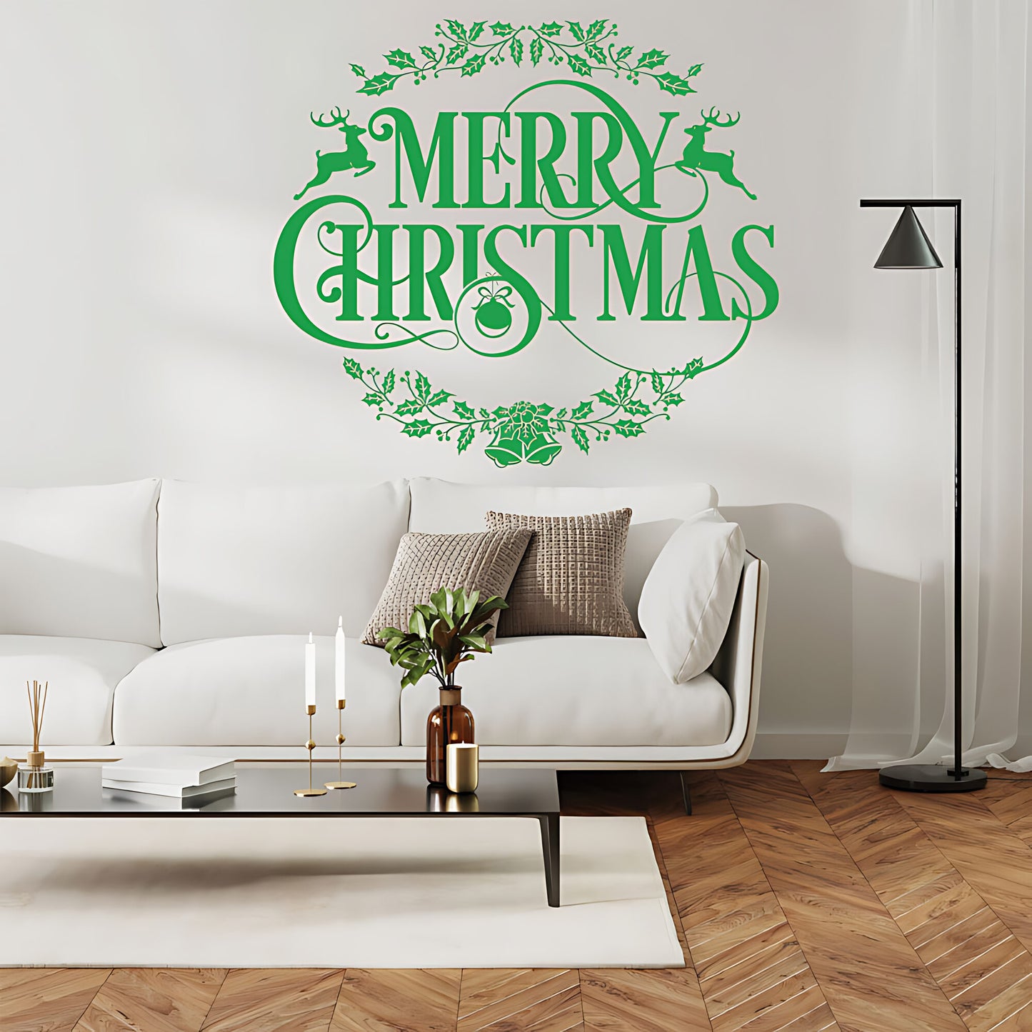 Merry Christmas Wall Sticker – Reindeer Holly Bells Festive Home Decal