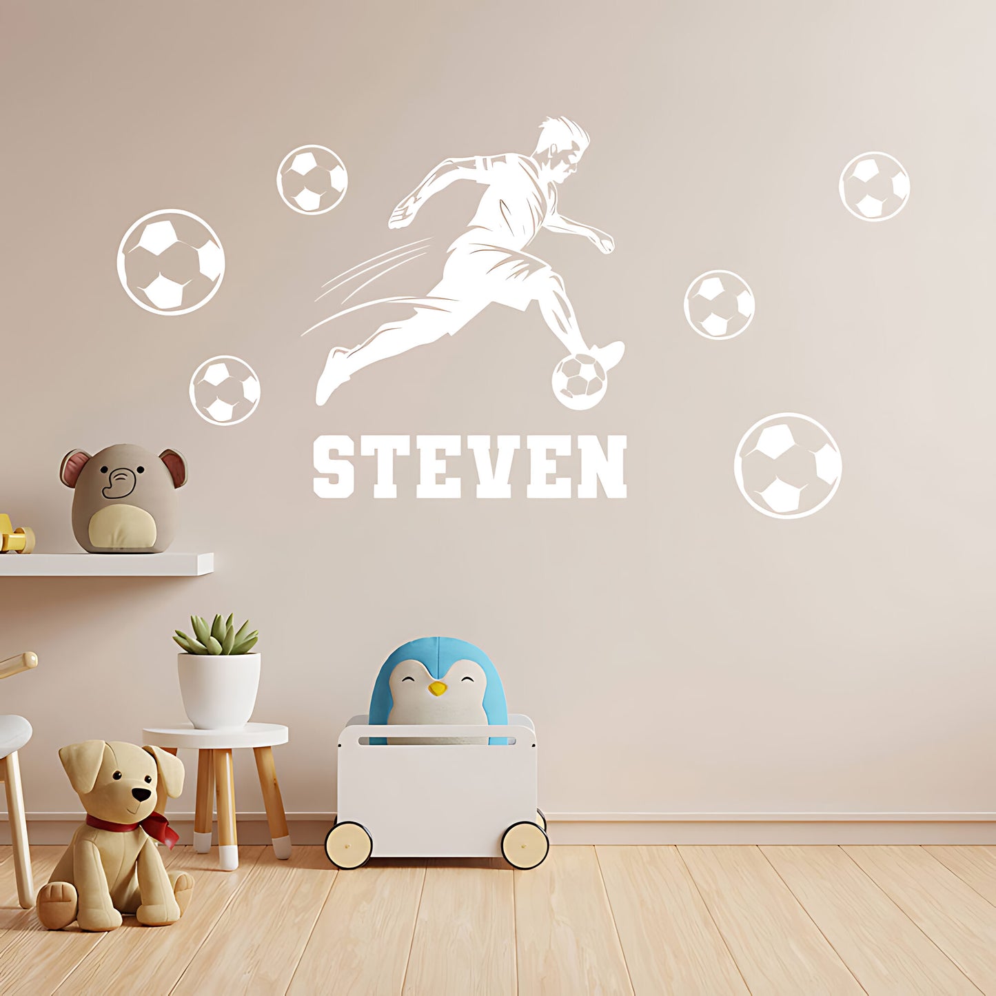 Personalised Football Wall Sticker – Player with Name & Scattered Balls