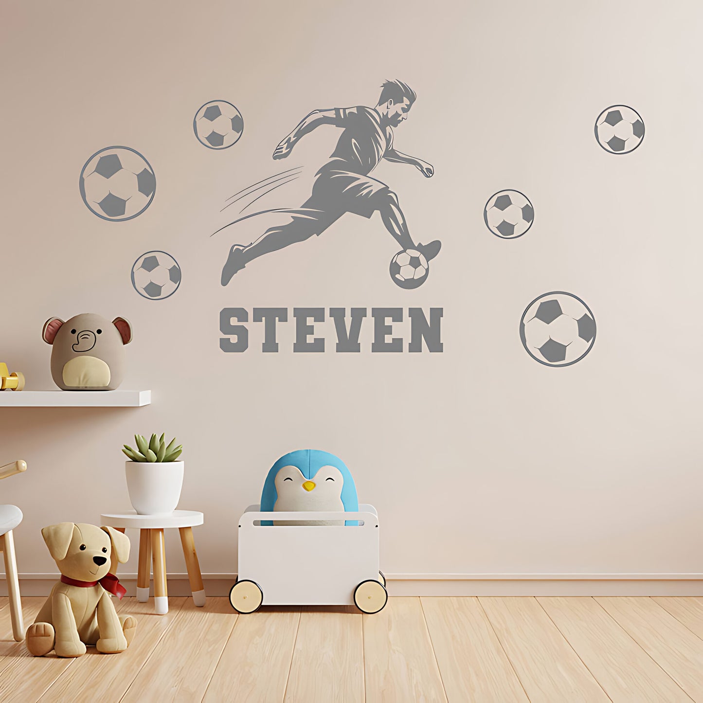 Personalised Football Wall Sticker – Player with Name & Scattered Balls