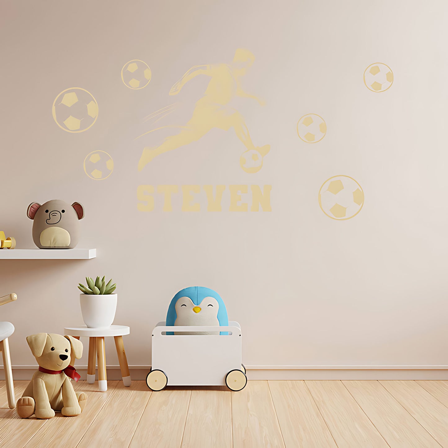 Personalised Football Wall Sticker – Player with Name & Scattered Balls