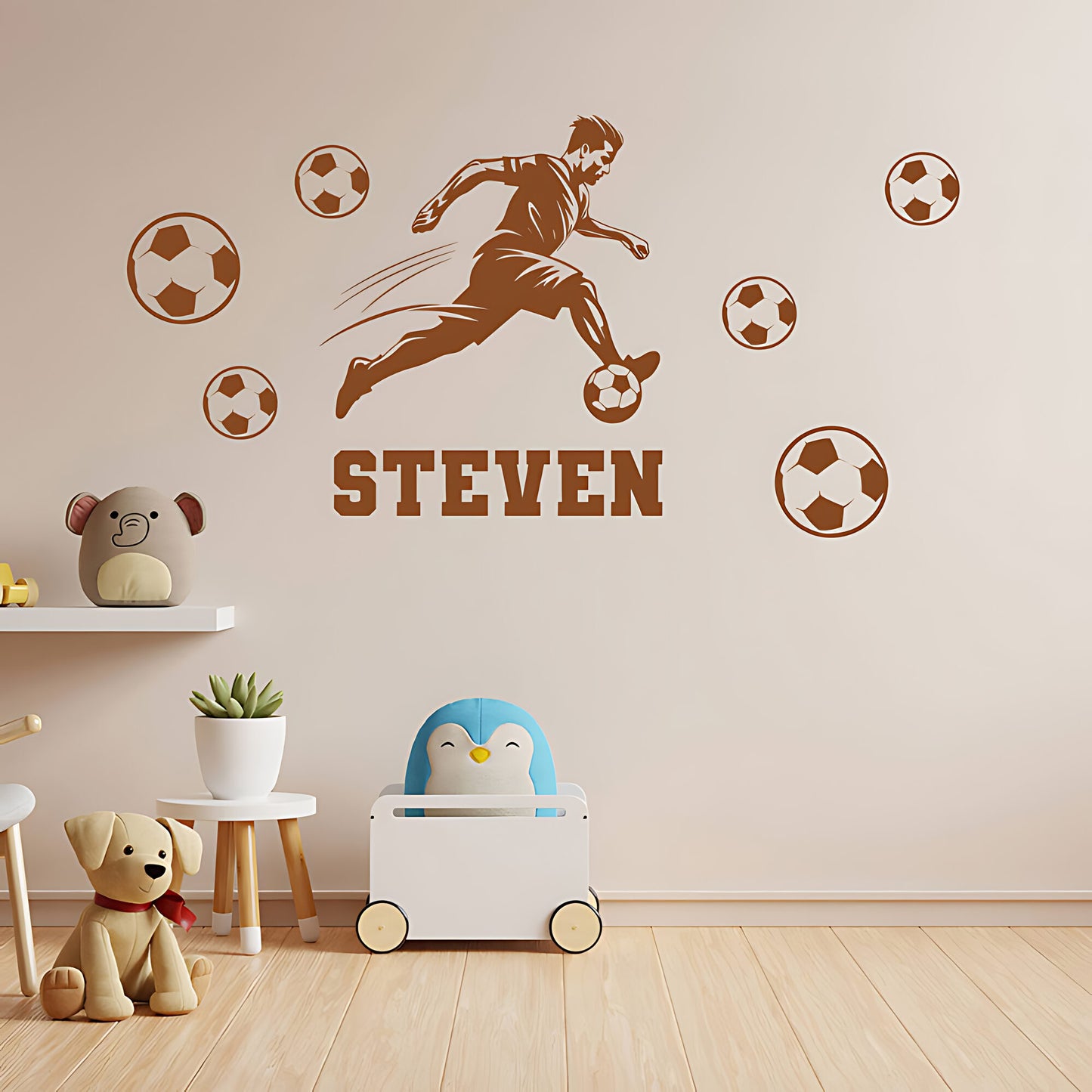 Personalised Football Wall Sticker – Player with Name & Scattered Balls