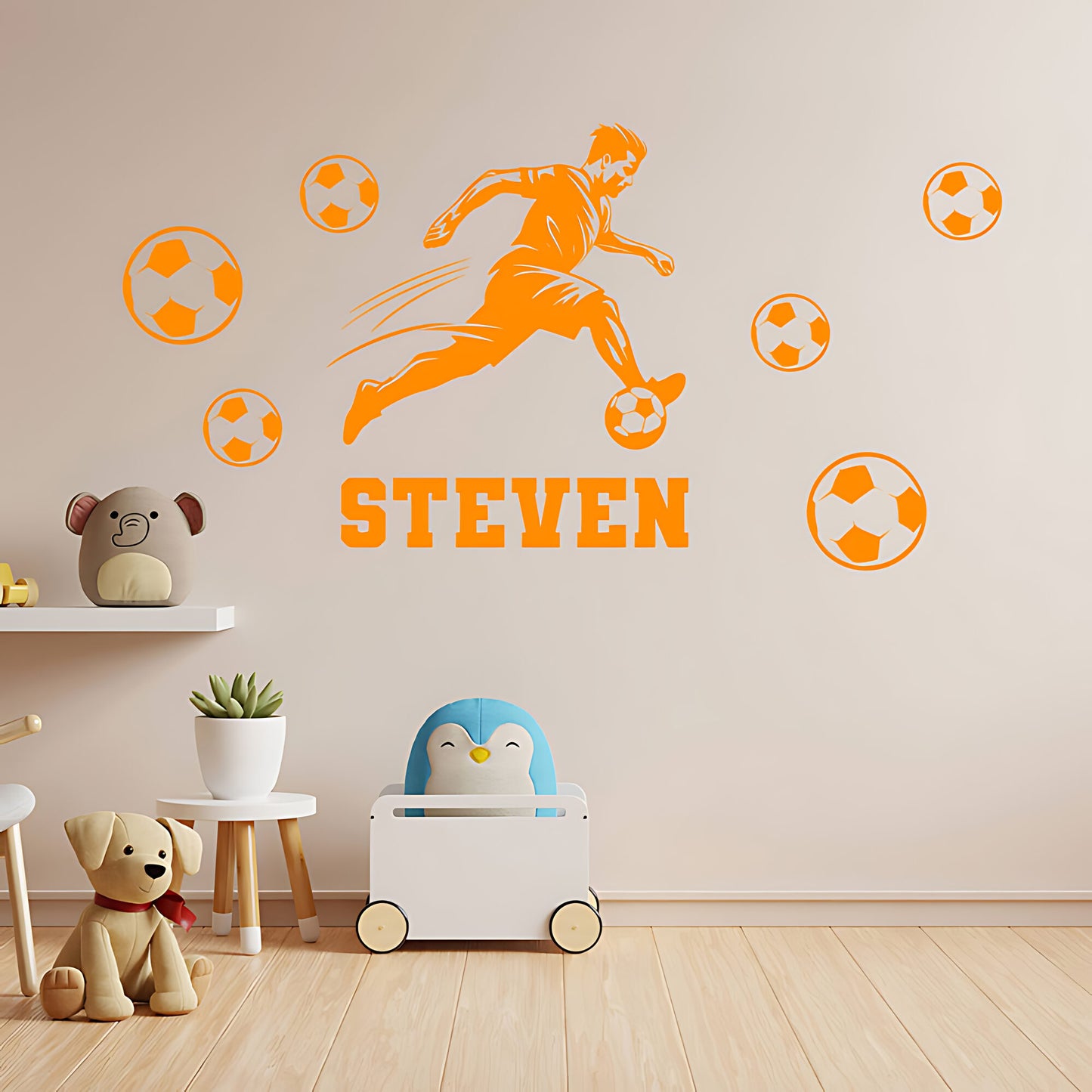 Personalised Football Wall Sticker – Player with Name & Scattered Balls