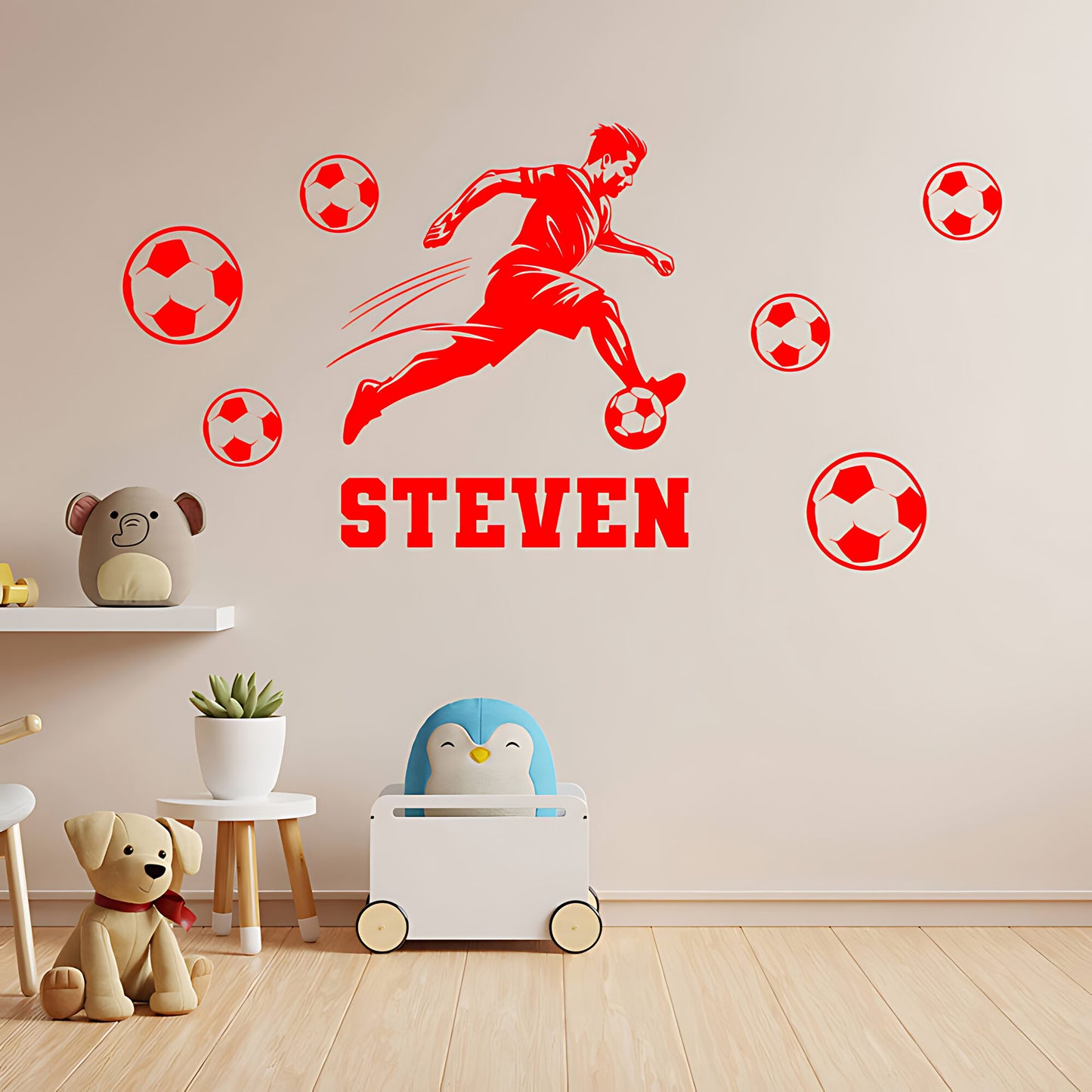 Personalised Football Wall Sticker – Player with Name & Scattered Balls
