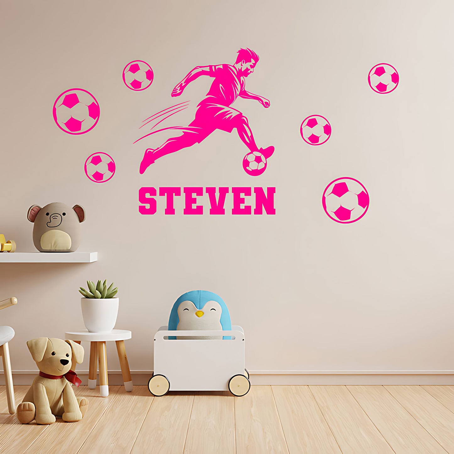 Personalised Football Wall Sticker – Player with Name & Scattered Balls