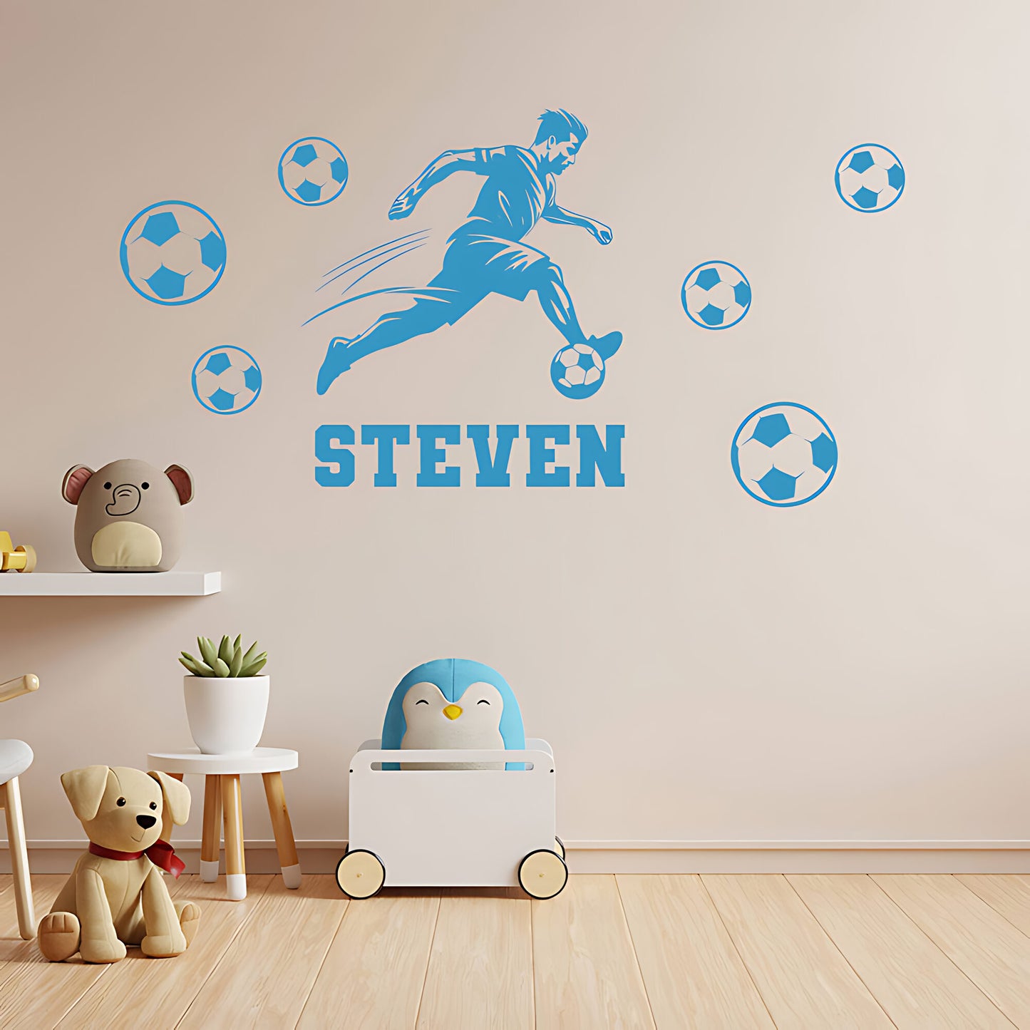 Personalised Football Wall Sticker – Player with Name & Scattered Balls