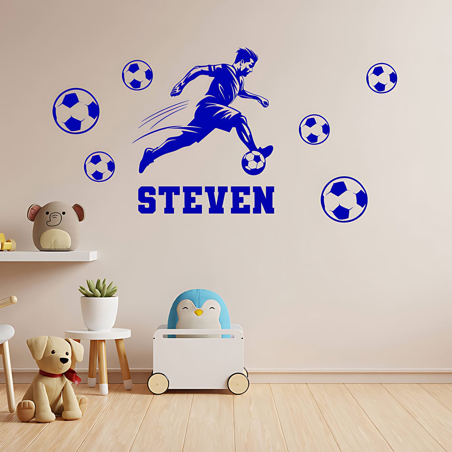 Personalised Football Wall Sticker – Player with Name & Scattered Balls