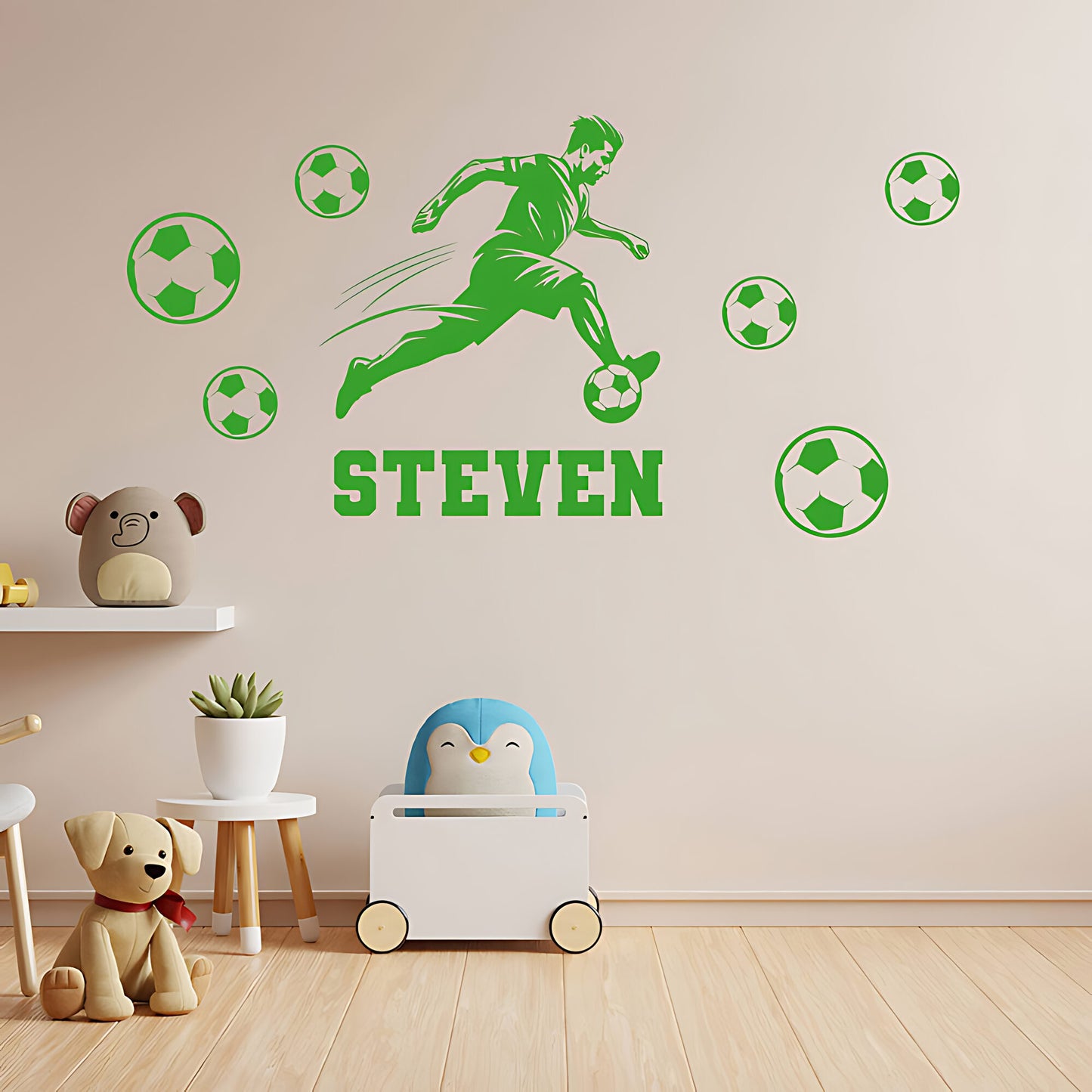 Personalised Football Wall Sticker – Player with Name & Scattered Balls