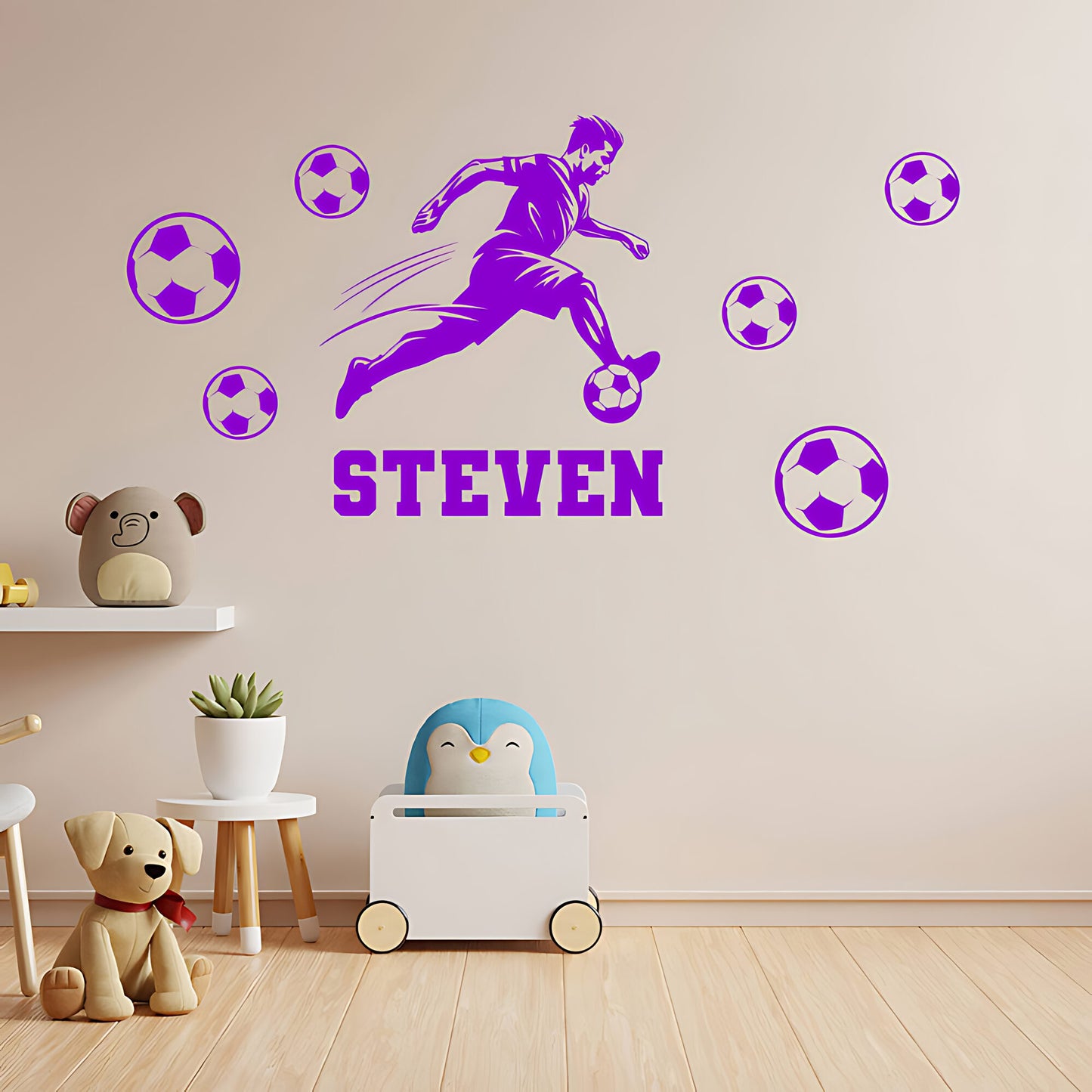 Personalised Football Wall Sticker – Player with Name & Scattered Balls