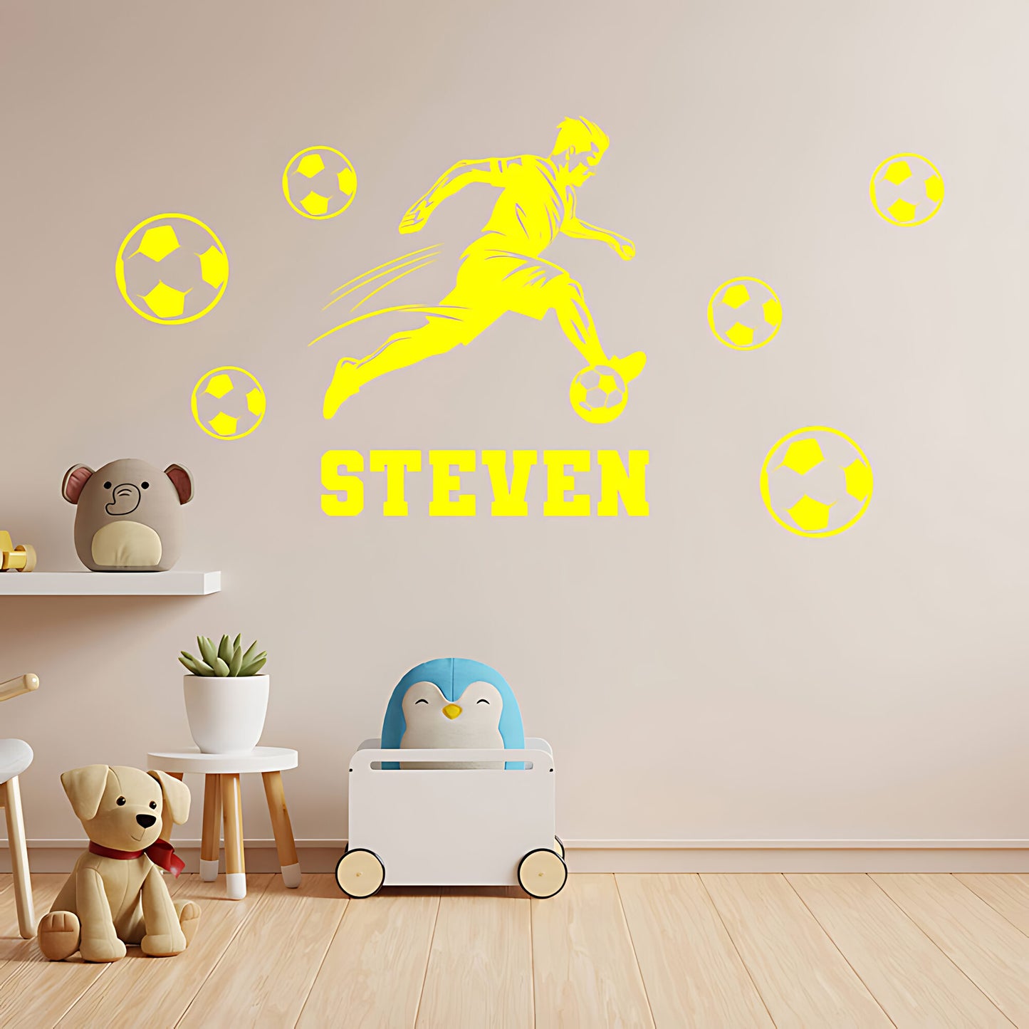 Personalised Football Wall Sticker – Player with Name & Scattered Balls