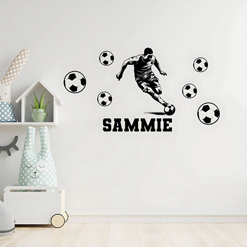Bespoke Football Wall Sticker ‚Äì Kids Player Silhouette with Name & Balls
